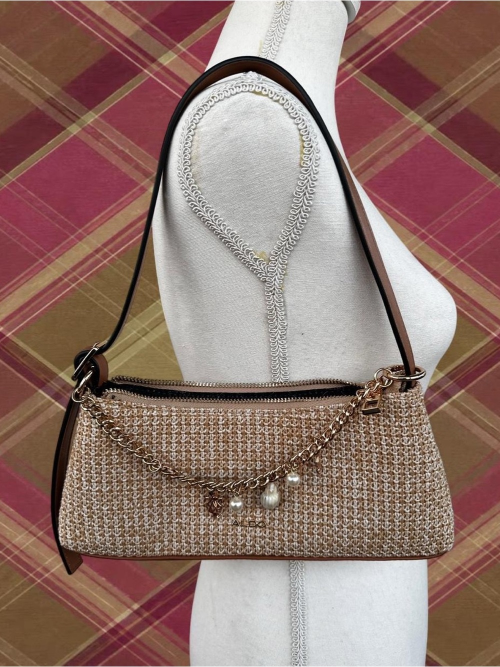 Woven Pearl Charm Shoulder Bag - Beige